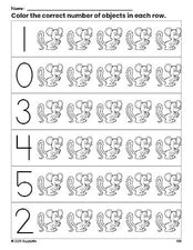 Free printable mouse count and color worksheet for preschoolers, mouse coloring page and counting worksheet numbers 0-5, PDF