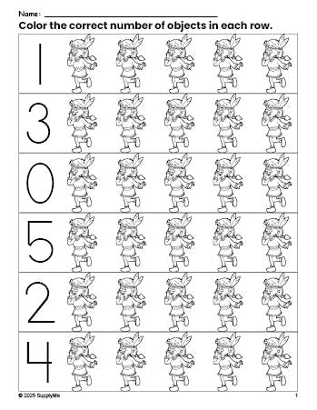 Free printable Native American Thanksgiving count and color worksheet for preschoolers, Thanksgiving coloring page and counting worksheet numbers 0-5, PDF