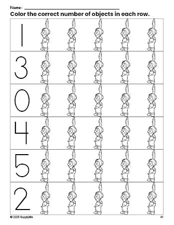 Free printable Native American Thanksgiving count and color worksheet for preschoolers, Thanksgiving coloring page and counting worksheet numbers 0-5, PDF