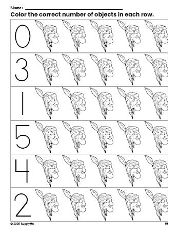 Free printable Native American Thanksgiving count and color worksheet for preschoolers, Thanksgiving coloring page and counting worksheet numbers 0-5, PDF