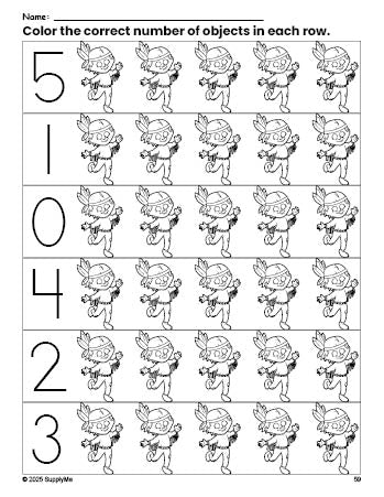 Free printable Native American Thanksgiving count and color worksheet for preschoolers, Thanksgiving coloring page and counting worksheet numbers 0-5, PDF