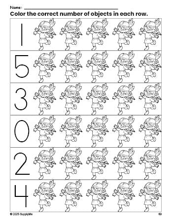 Free printable Native American Thanksgiving count and color worksheet for preschoolers, Thanksgiving coloring page and counting worksheet numbers 0-5, PDF