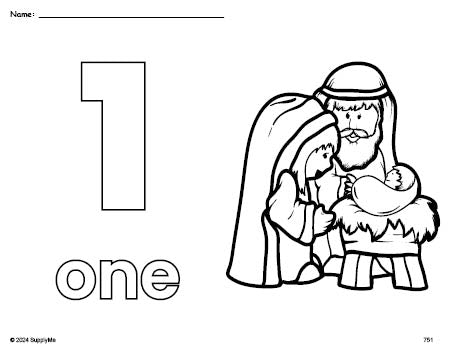 Free printable Baby Jesus Christmas coloring page and counting worksheet, number 1 coloring page for preschool, pre-k, and kindergarten