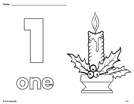 Free printable candle Christmas coloring page and counting worksheet, number 1 coloring page for preschool, pre-k, and kindergarten