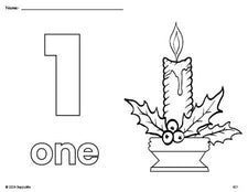 Free printable candle Christmas coloring page and counting worksheet, number 1 coloring page for preschool, pre-k, and kindergarten