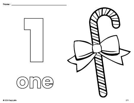 Free printable candy cane Christmas coloring page and counting worksheet, number 1 coloring page for preschool, pre-k, and kindergarten