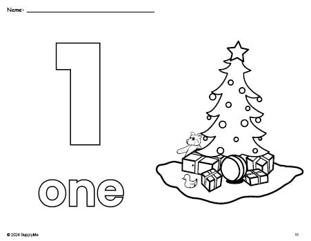 Free printable Christmas tree Christmas coloring page and counting worksheet, number 1 coloring page for preschool, pre-k, and kindergarten