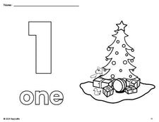 Free printable Christmas tree Christmas coloring page and counting worksheet, number 1 coloring page for preschool, pre-k, and kindergarten