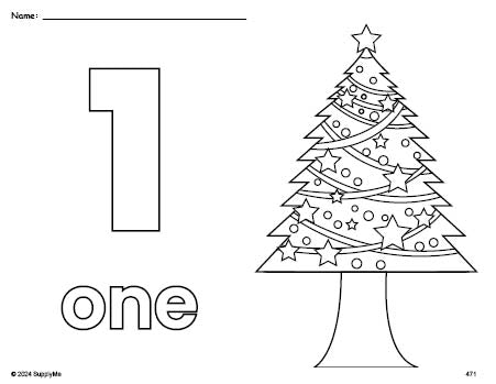 Free printable Christmas tree Christmas coloring page and counting worksheet, number 1 coloring page for preschool, pre-k, and kindergarten