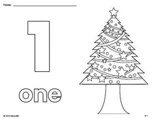 Free printable Christmas tree Christmas coloring page and counting worksheet, number 1 coloring page for preschool, pre-k, and kindergarten