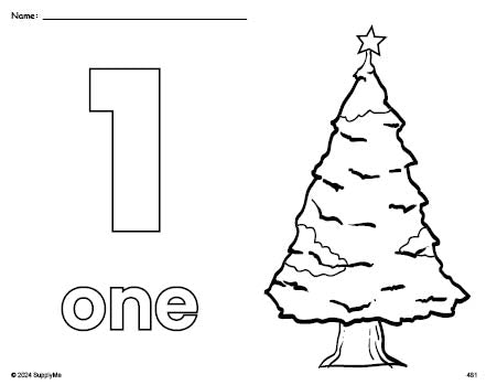 Free printable Christmas tree Christmas coloring page and counting worksheet, number 1 coloring page for preschool, pre-k, and kindergarten