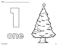 Free printable Christmas tree Christmas coloring page and counting worksheet, number 1 coloring page for preschool, pre-k, and kindergarten