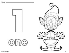 Free printable elf Christmas coloring page and counting worksheet, number 1 coloring page for preschool, pre-k, and kindergarten