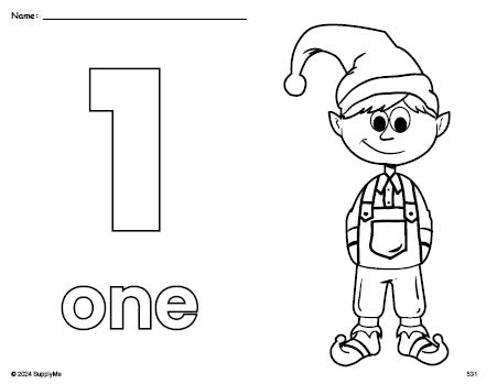 Free printable elf Christmas coloring page and counting worksheet, number 1 coloring page for preschool, pre-k, and kindergarten