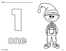 Free printable elf Christmas coloring page and counting worksheet, number 1 coloring page for preschool, pre-k, and kindergarten