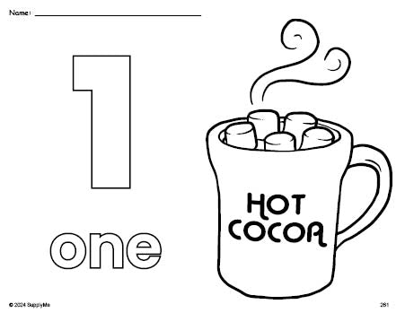 Free printable hot chocolate winter coloring page and counting worksheet, number 1 coloring page for preschool, pre-k, and kindergarten