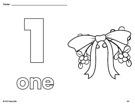 Free printable mistletoe Christmas coloring page and counting worksheet, number 1 coloring page for preschool, pre-k, and kindergarten