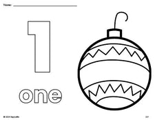 Free printable ornament Christmas coloring page and counting worksheet, number 1 coloring page for preschool, pre-k, and kindergarten