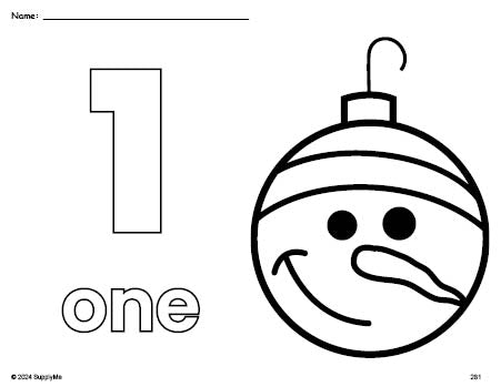 Free printable ornament Christmas coloring page and counting worksheet, number 1 coloring page for preschool, pre-k, and kindergarten