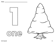 Free printable pine tree winter coloring page and counting worksheet, number 1 coloring page for preschool, pre-k, and kindergarten