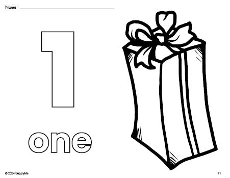 Free printable present Christmas coloring page and counting worksheet, number 1 coloring page for preschool, pre-k, and kindergarten