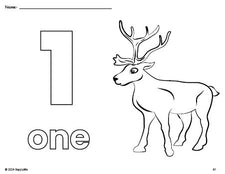 Free printable reindeer Christmas coloring page and counting worksheet, number 1 coloring page for preschool, pre-k, and kindergarten