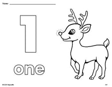 Free printable reindeer Christmas coloring page and counting worksheet, number 1 coloring page for preschool, pre-k, and kindergarten