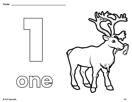 Free printable reindeer Christmas coloring page and counting worksheet, number 1 coloring page for preschool, pre-k, and kindergarten