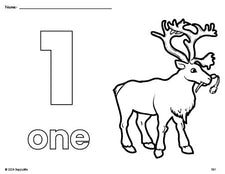 Free printable reindeer Christmas coloring page and counting worksheet, number 1 coloring page for preschool, pre-k, and kindergarten