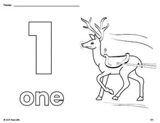 Free printable reindeer Christmas coloring page and counting worksheet, number 1 coloring page for preschool, pre-k, and kindergarten