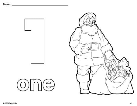 Free printable Santa Christmas coloring page and counting worksheet, number 1 coloring page for preschool, pre-k, and kindergarten