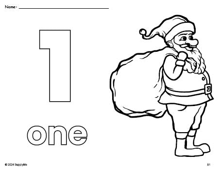 Free printable Santa Christmas coloring page and counting worksheet, number 1 coloring page for preschool, pre-k, and kindergarten