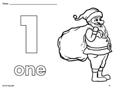 Free printable Santa Christmas coloring page and counting worksheet, number 1 coloring page for preschool, pre-k, and kindergarten