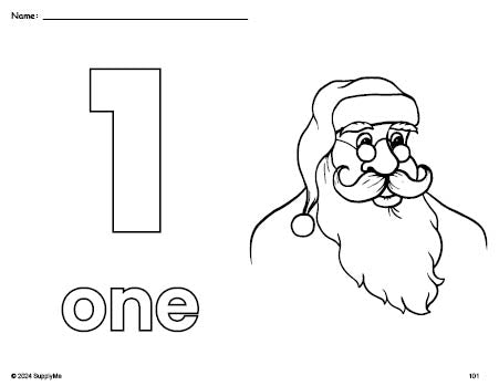 Free printable Santa Christmas coloring page and counting worksheet, number 1 coloring page for preschool, pre-k, and kindergarten