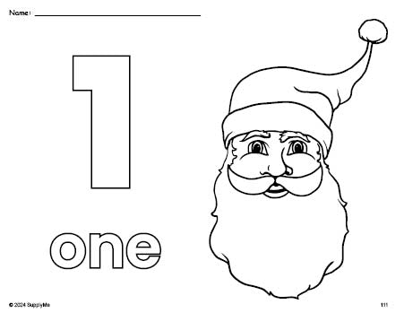 Free printable Santa Christmas coloring page and counting worksheet, number 1 coloring page for preschool, pre-k, and kindergarten