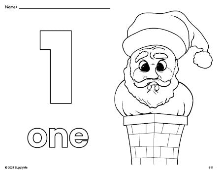 Free printable Santa Christmas coloring page and counting worksheet, number 1 coloring page for preschool, pre-k, and kindergarten