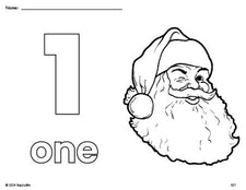 Free printable Santa Christmas coloring page and counting worksheet, number 1 coloring page for preschool, pre-k, and kindergarten