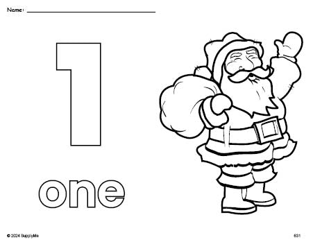 Free printable Santa Christmas coloring page and counting worksheet, number 1 coloring page for preschool, pre-k, and kindergarten