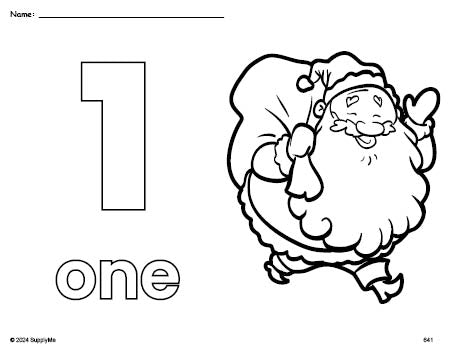 Free printable Santa Christmas coloring page and counting worksheet, number 1 coloring page for preschool, pre-k, and kindergarten