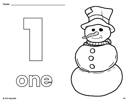 Free printable snowman winter coloring page and counting worksheet, number 1 coloring page for preschool, pre-k, and kindergarten