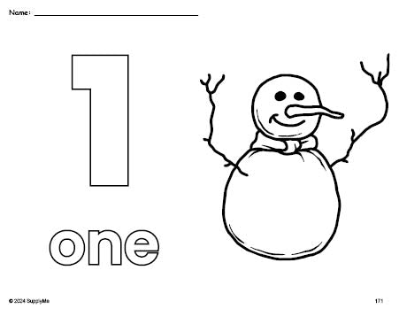 Free printable snowman winter coloring page and counting worksheet, number 1 coloring page for preschool, pre-k, and kindergarten