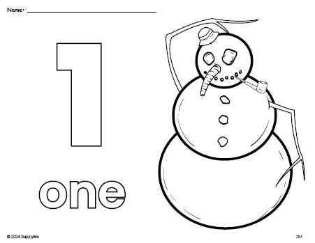 Free printable snowman winter coloring page and counting worksheet, number 1 coloring page for preschool, pre-k, and kindergarten