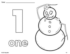 Free printable snowman winter coloring page and counting worksheet, number 1 coloring page for preschool, pre-k, and kindergarten