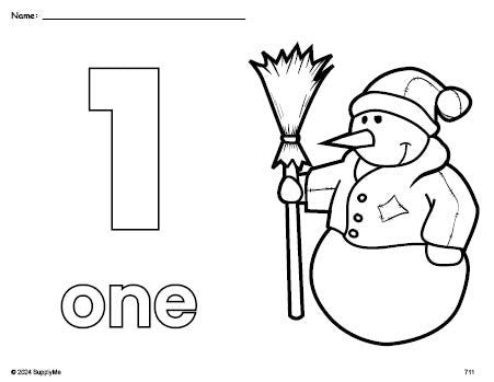 Free printable snowman winter coloring page and counting worksheet, number 1 coloring page for preschool, pre-k, and kindergarten