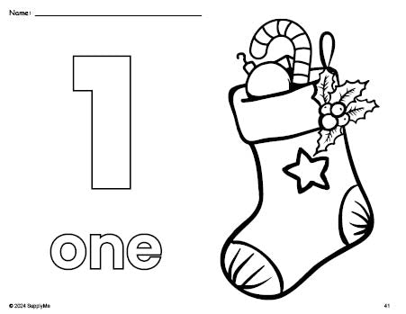 Free printable stocking Christmas coloring page and counting worksheet, number 1 coloring page for preschool, pre-k, and kindergarten