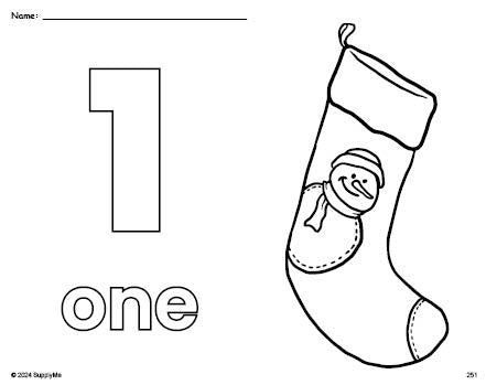 Free printable stocking Christmas coloring page and counting worksheet, number 1 coloring page for preschool, pre-k, and kindergarten