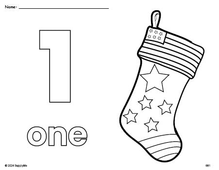 Free printable stocking Christmas coloring page and counting worksheet, number 1 coloring page for preschool, pre-k, and kindergarten