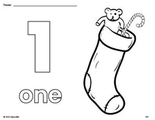 Free printable stocking Christmas coloring page and counting worksheet, number 1 coloring page for preschool, pre-k, and kindergarten