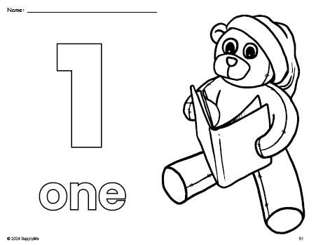 Free printable teddy bear Christmas coloring page and counting worksheet, number 1 coloring page for preschool, pre-k, and kindergarten