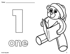 Free printable teddy bear Christmas coloring page and counting worksheet, number 1 coloring page for preschool, pre-k, and kindergarten